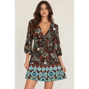 Hypnotized Y2K Boho Hippie Floral Mini Dress Brown Blue Medium Retro Party Hoco